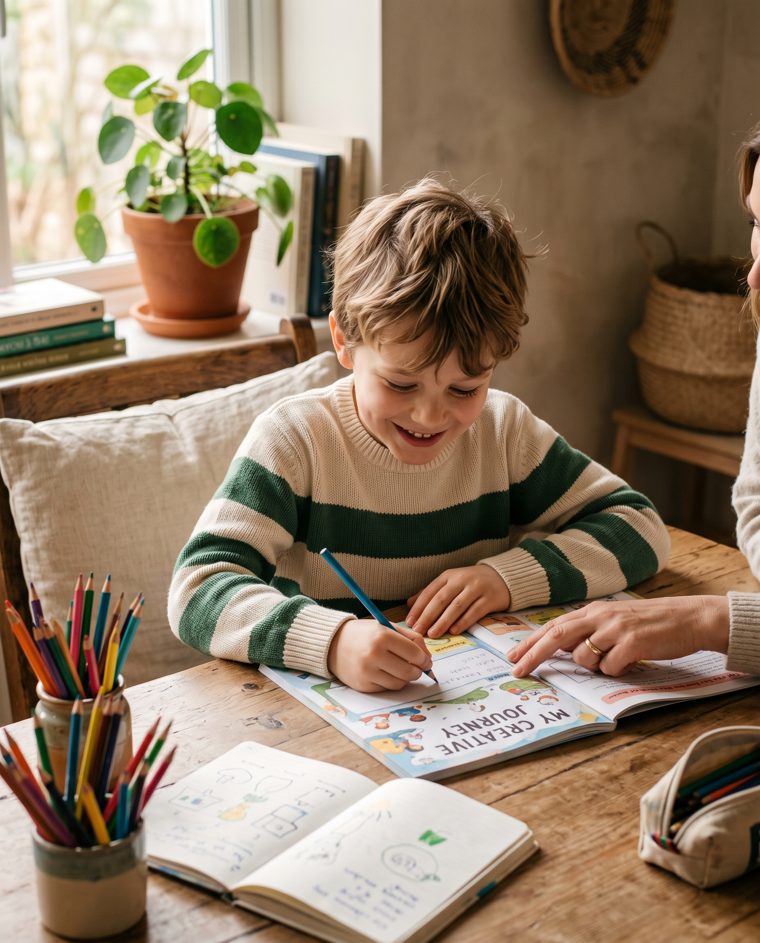 Enfant qui écrit dans un cahier pendant une séance de français